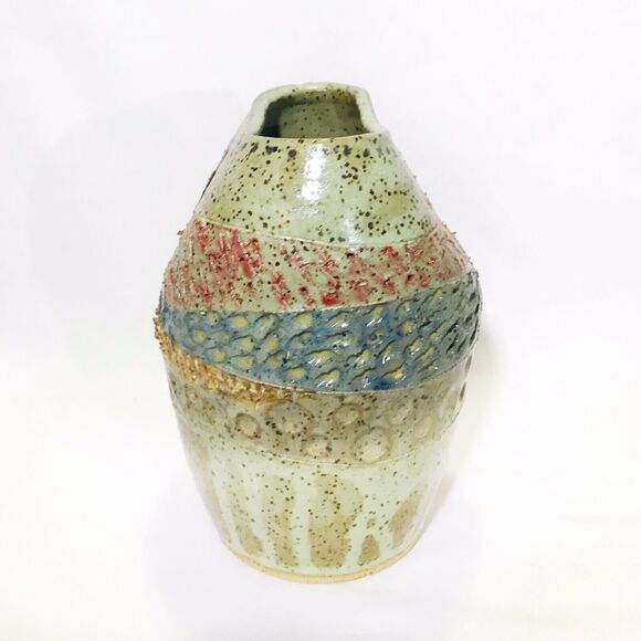 Artisan Ceramic Oval Flat Vase with Multi Textured Raised Pattern, 6”H EUC - Picture 2 of 7